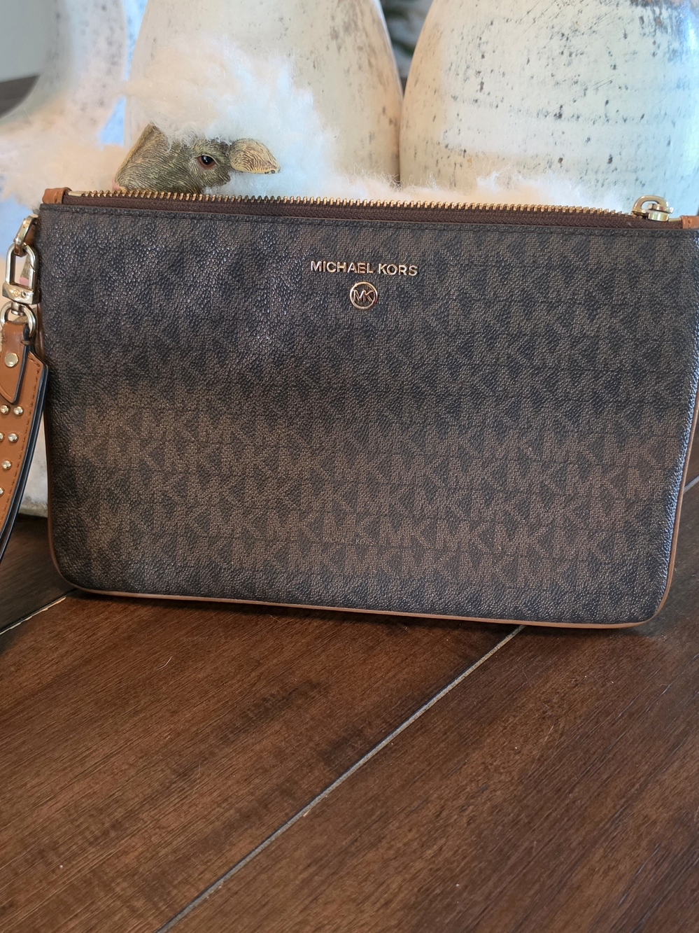 Michael Kors Brown and Tan Signature Wristlet Clutch